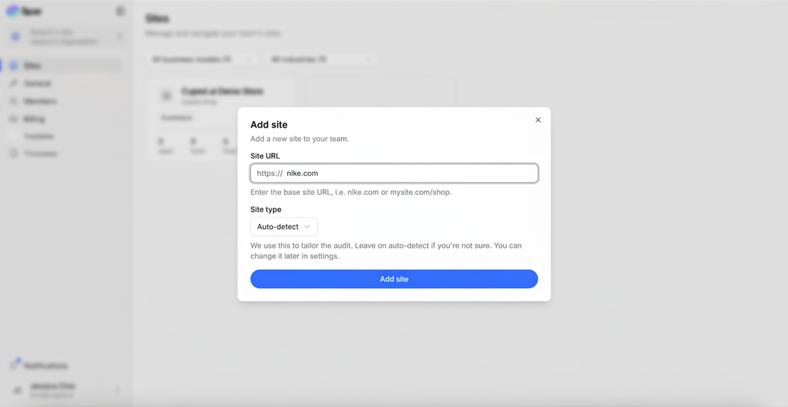 Add site dialog with a Site URL input, Site type set to Auto detect, and an Add site button