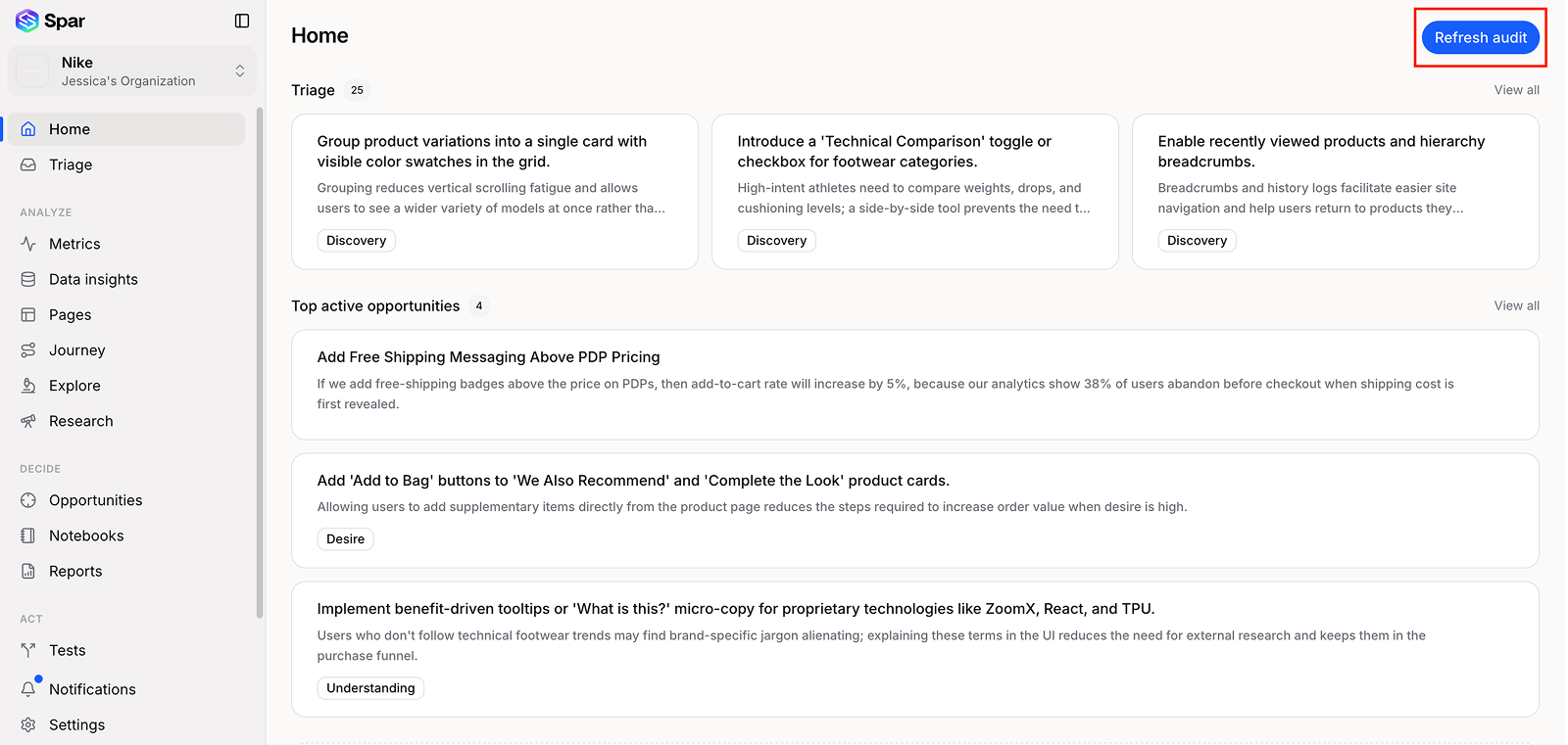Home page showing Triage items and top active opportunities, with the Refresh audit button highlighted in the top-right corner