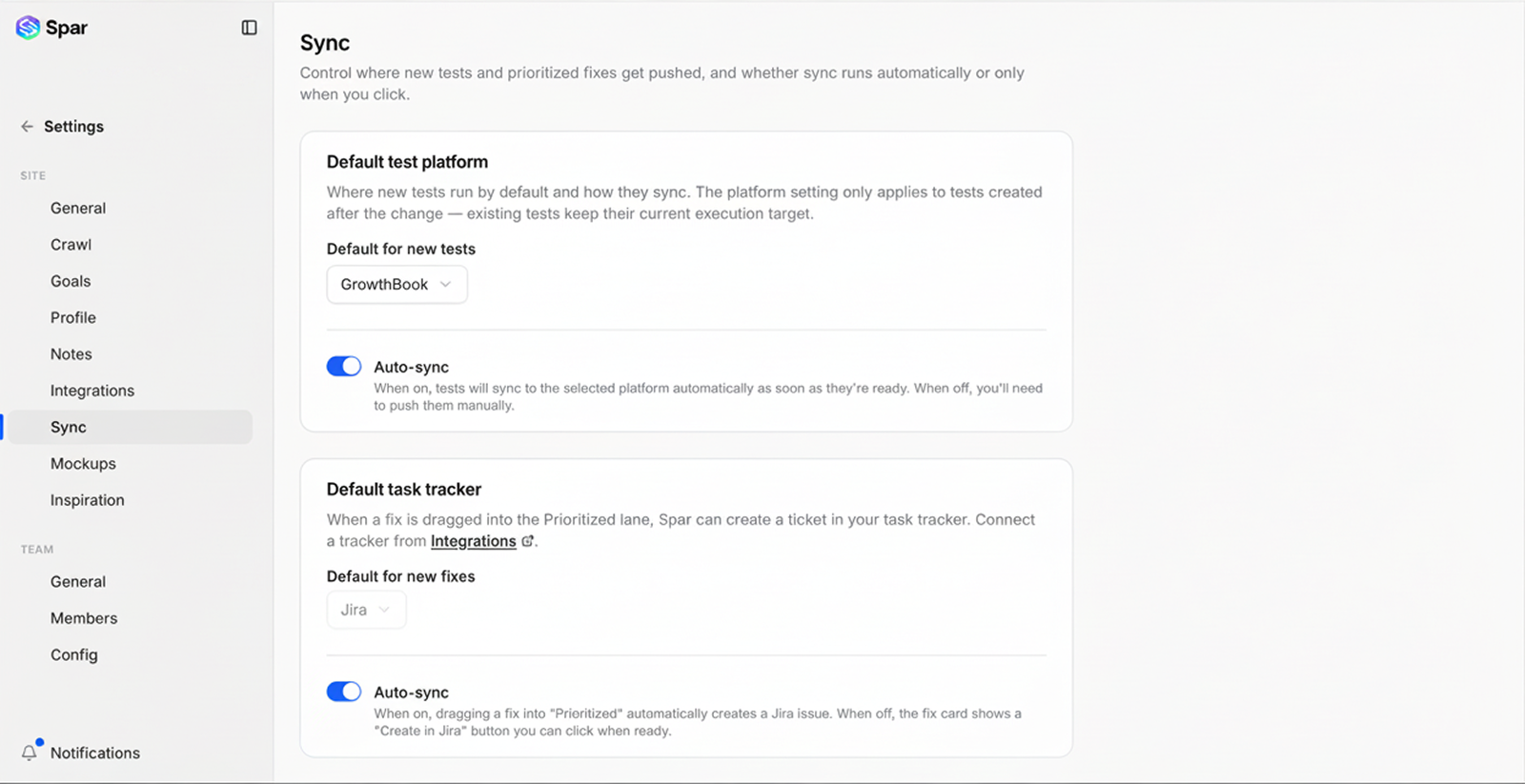 Settings → Sync page showing the default test platform dropdown and auto-sync toggle