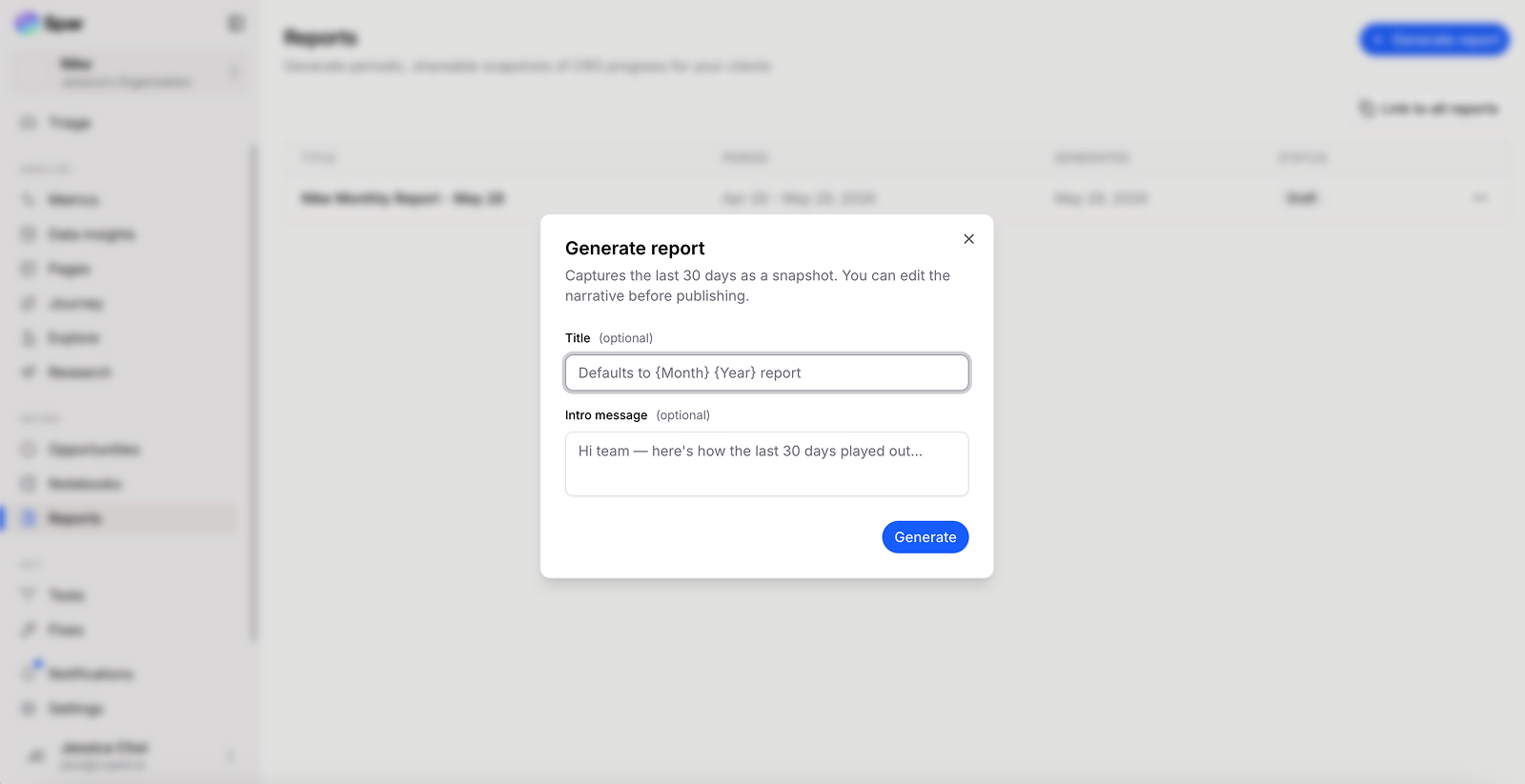 Generate report dialog with a title field and intro message field