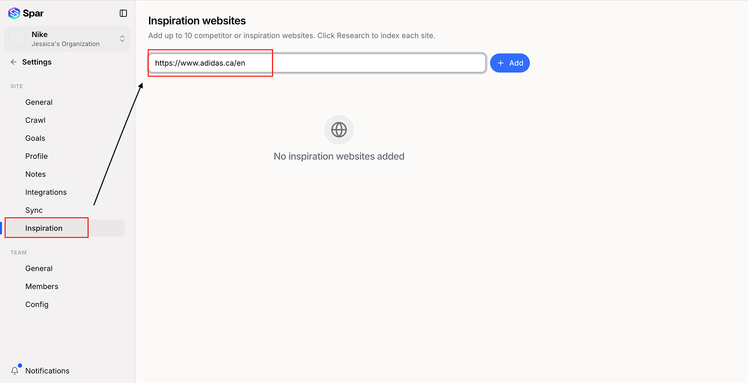 Settings → Inspiration page with the Add URL input filled in with a competitor URL