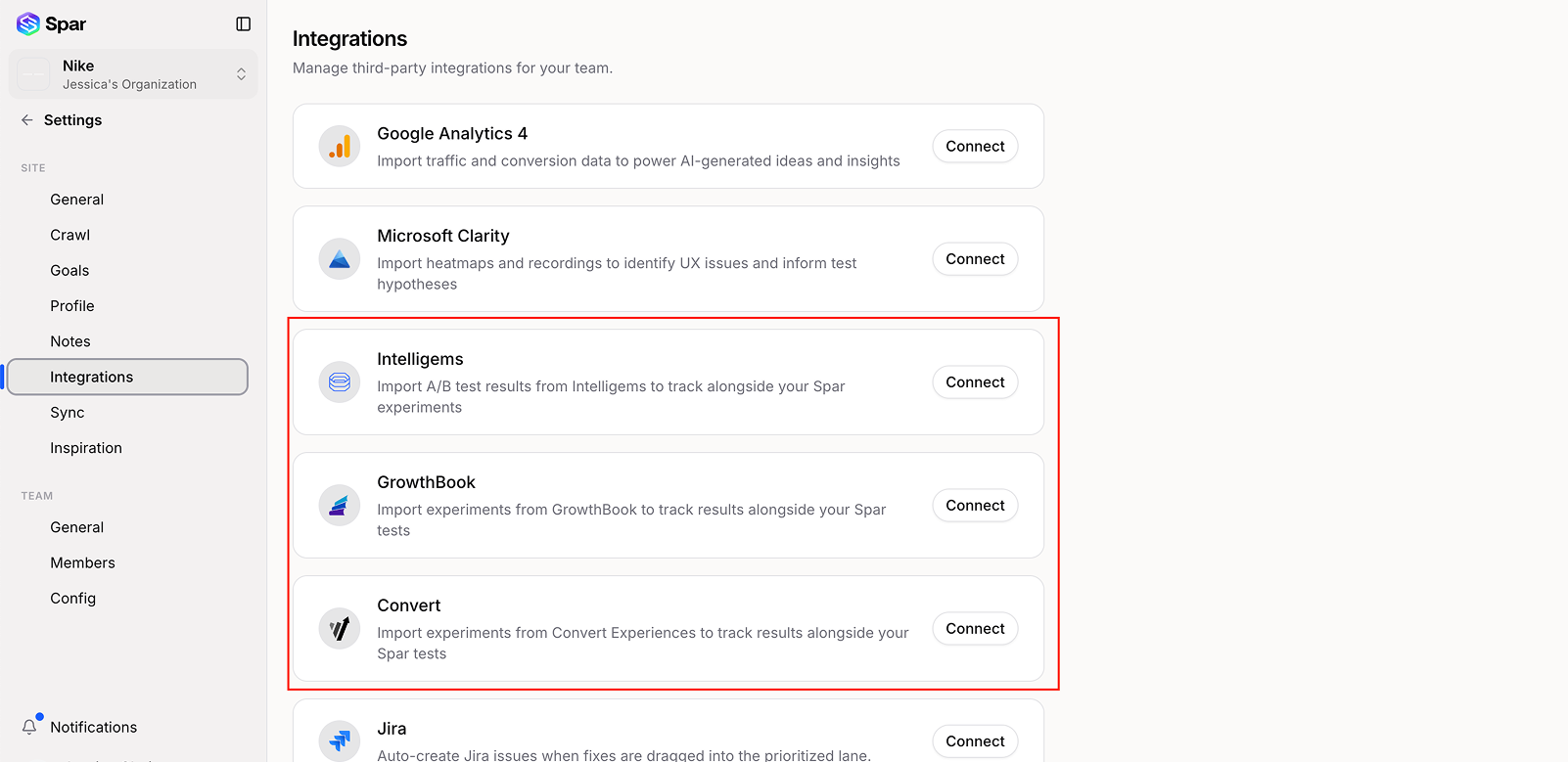 Settings → Integrations page with connection cards for GA4, Clarity, Shopify, GrowthBook, and Intelligems