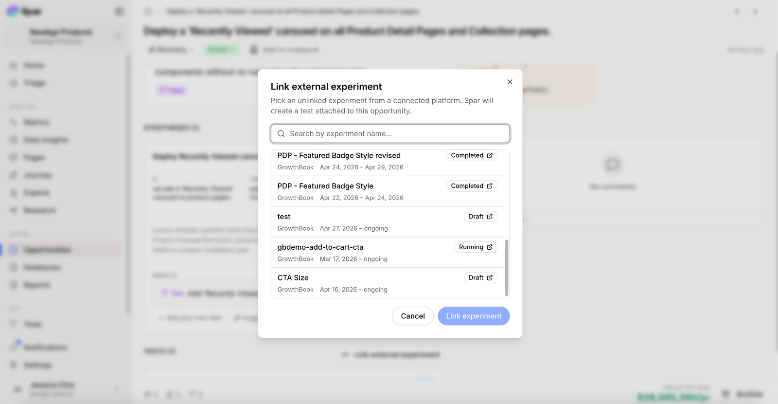 Link external experiment dialog showing a list of GrowthBook experiments with their status and date range