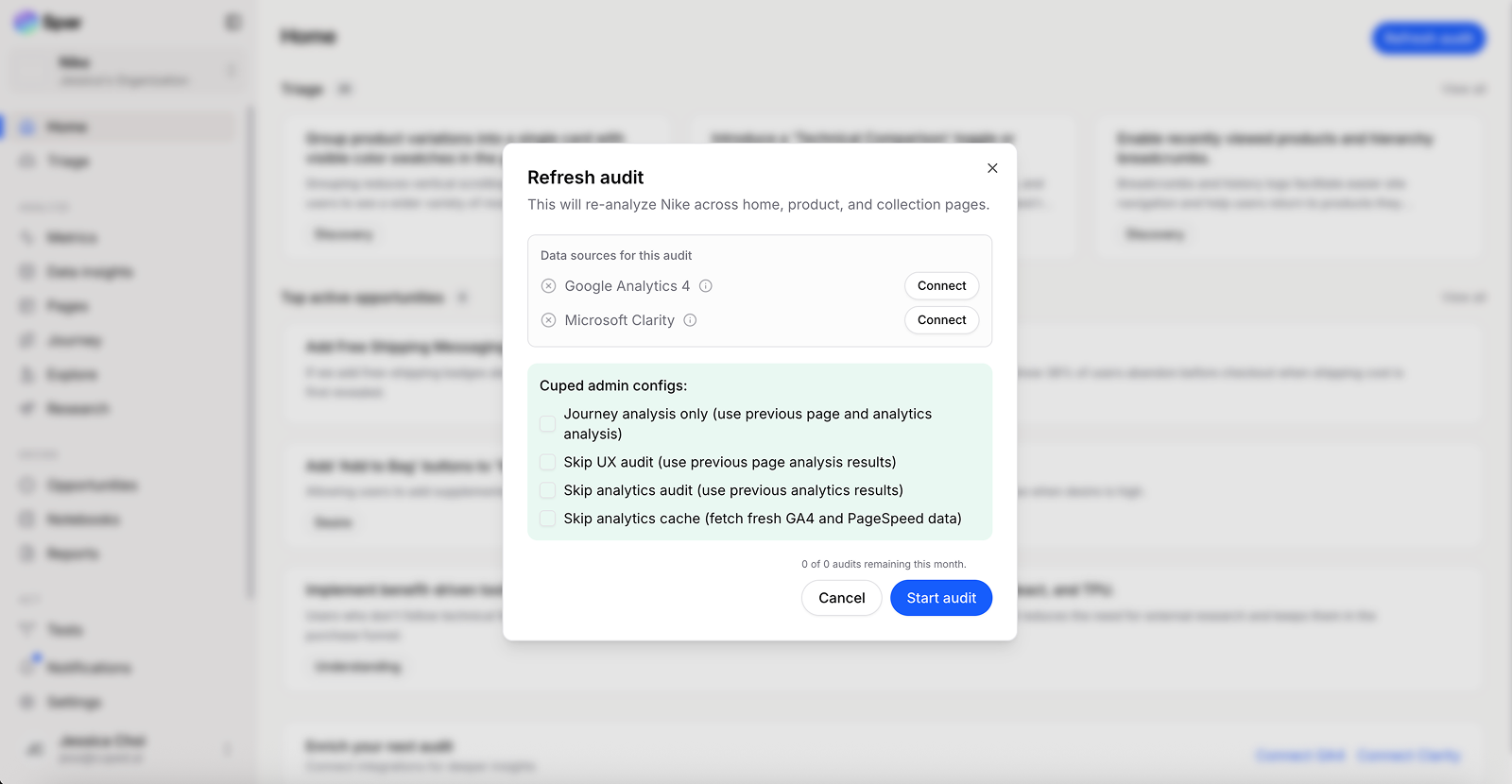 Run audit dialog with two options — full re-crawl and refresh — and a Run button