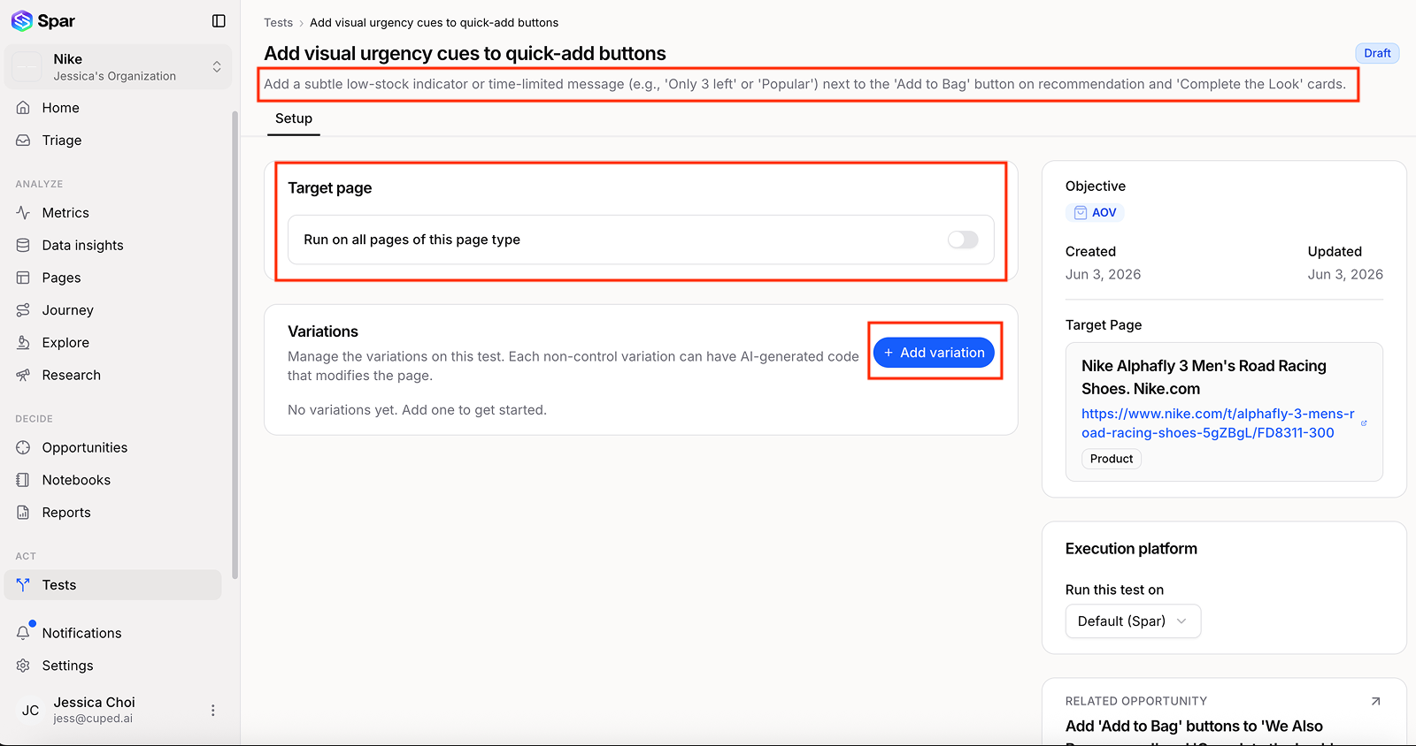 Test setup page showing target page configuration, variations section with Add variation button, and execution platform settings