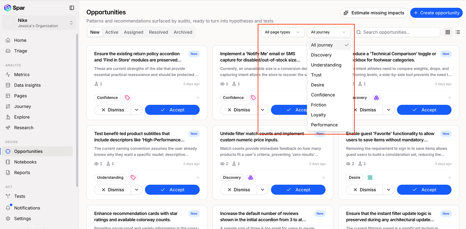 Opportunities page with the journey stage filter dropdown open, showing options like Discovery, Trust, Desire, and Friction